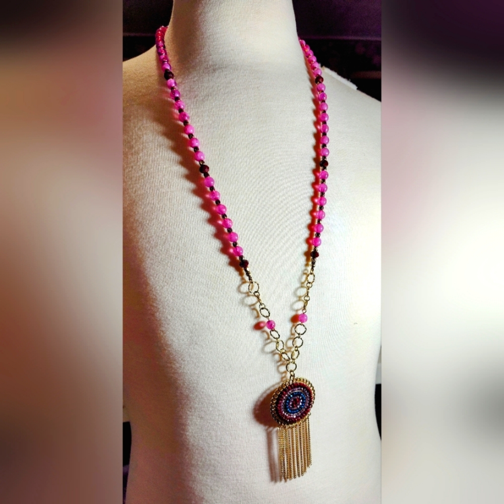 Pink Red Blue Beaded Medallion Necklace Long Gold Accents NWOT